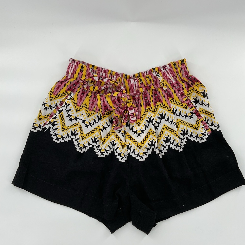 ANTHROPOLOGIE Belted Shorts Linen Blend Black Motif Pink Yellow White Small
